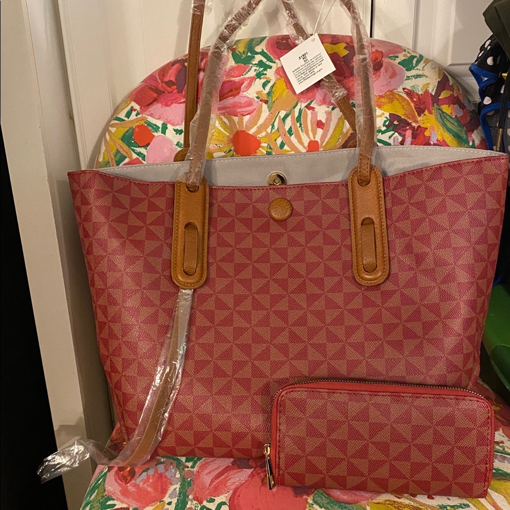 Pink Geometric Tote Bag with Matching Wallet